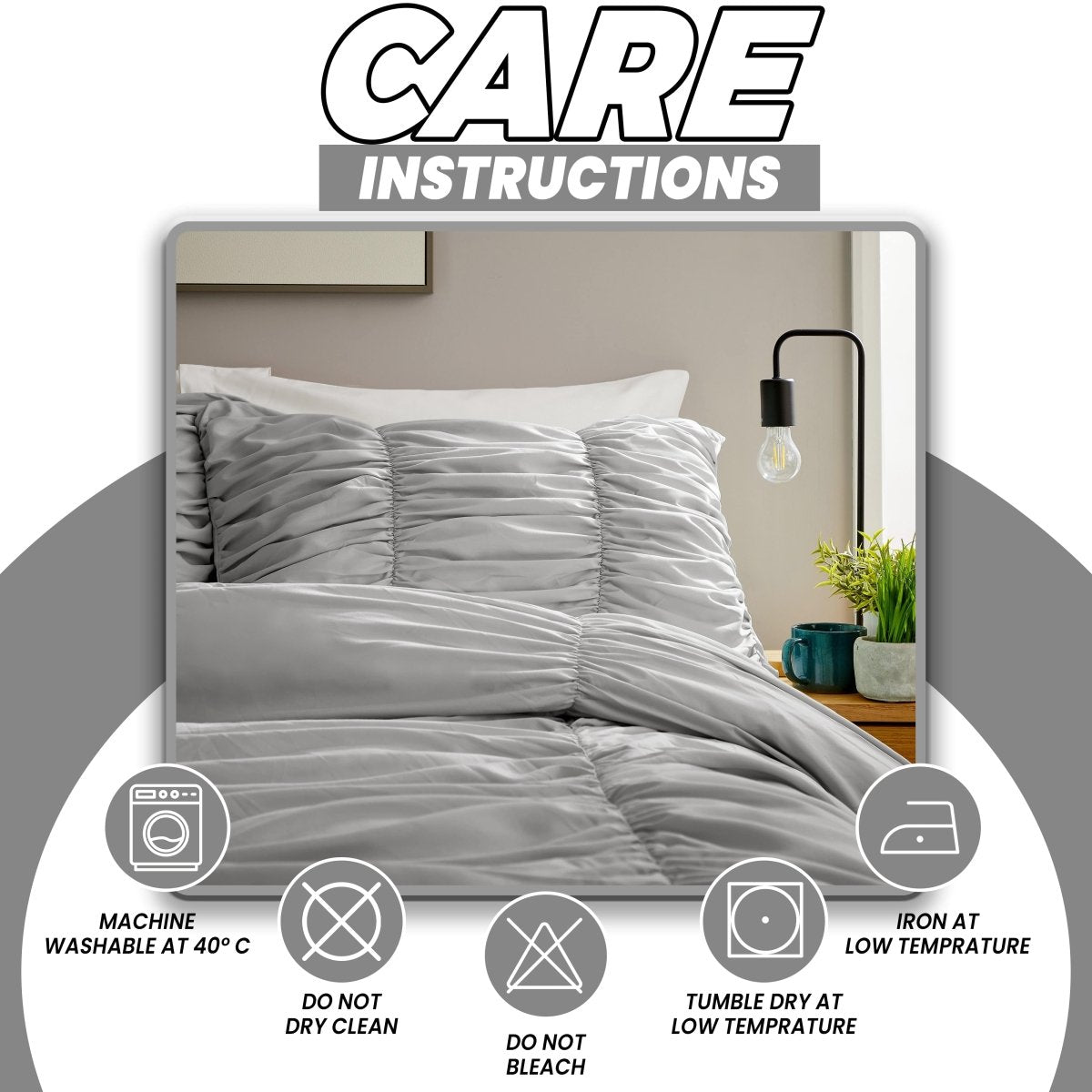 OLIVIA ROCCO Ruched Grey Microfibre Duvet Cover Set With Pillowcases Easy Care Bedroom Refresh Easy - Care Comfort - Joe’s Haven