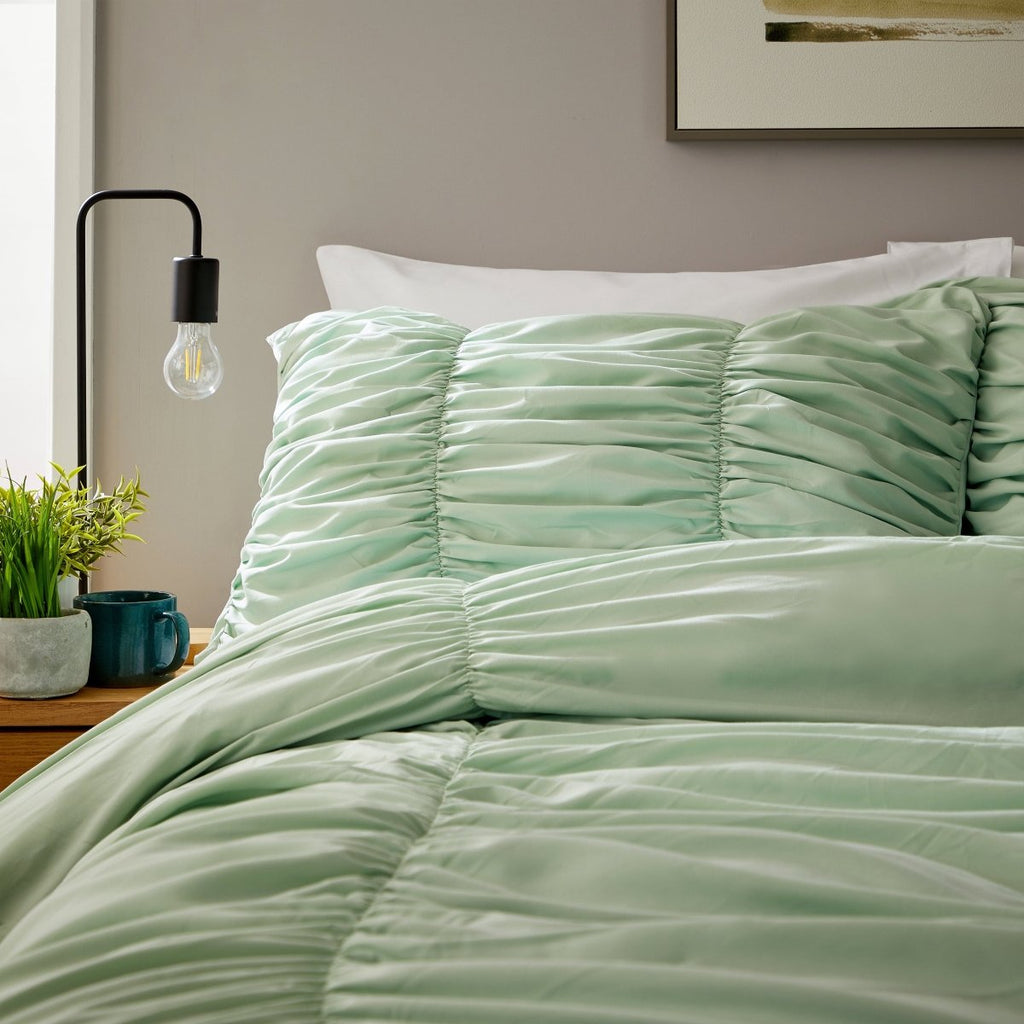 OLIVIA ROCCO Ruched Sage Green Microfibre Duvet Cover Set With Pillowcases Easy Care - Joe’s Haven