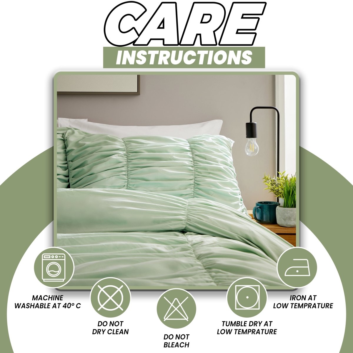OLIVIA ROCCO Ruched Sage Green Microfibre Duvet Cover Set With Pillowcases Easy Care - Joe’s Haven