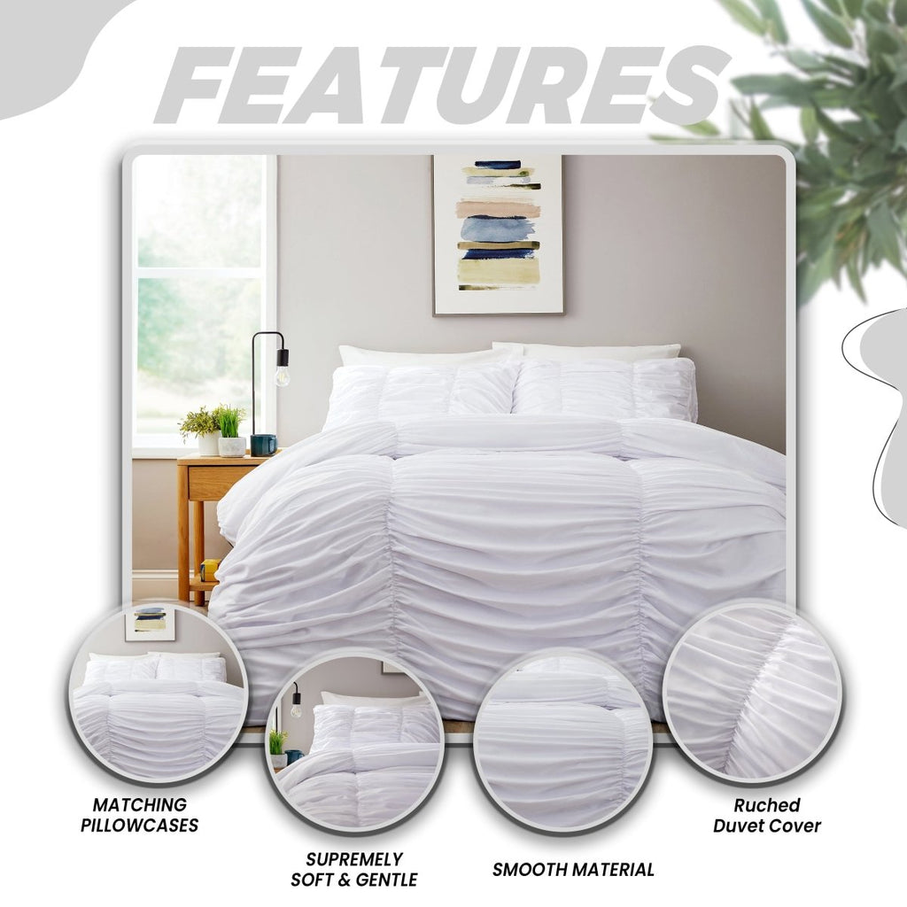 OLIVIA ROCCO Ruched White Microfibre Duvet Cover Set With Pillowcases Ruffle Bedding - Joe’s Haven