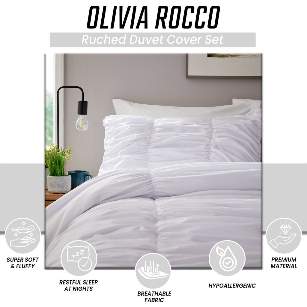 OLIVIA ROCCO Ruched White Microfibre Duvet Cover Set With Pillowcases Ruffle Bedding - Joe’s Haven