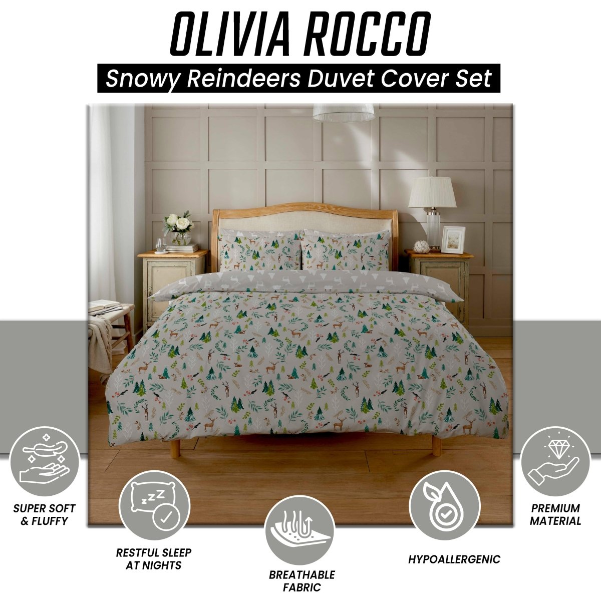 OLIVIA ROCCO Snowy Reindeers Reversible Duvet Cover Set With Pillowcases Polycotton - Joe’s Haven