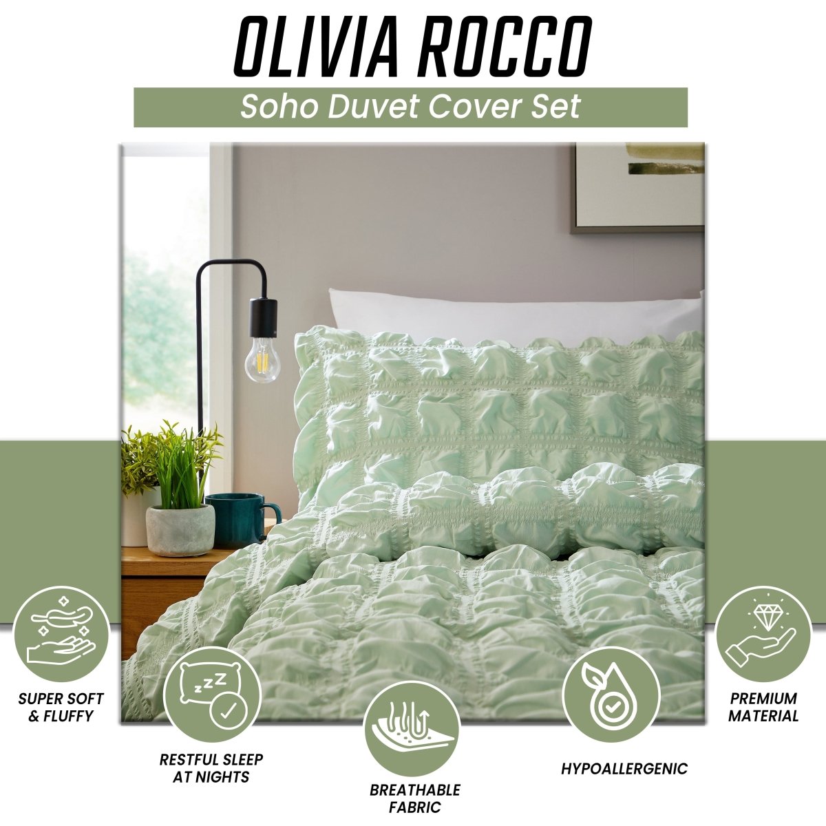 OLIVIA ROCCO Soho Sage Green Microfibre Duvet Cover Set With Pillowcases Easy Care - Joe’s Haven