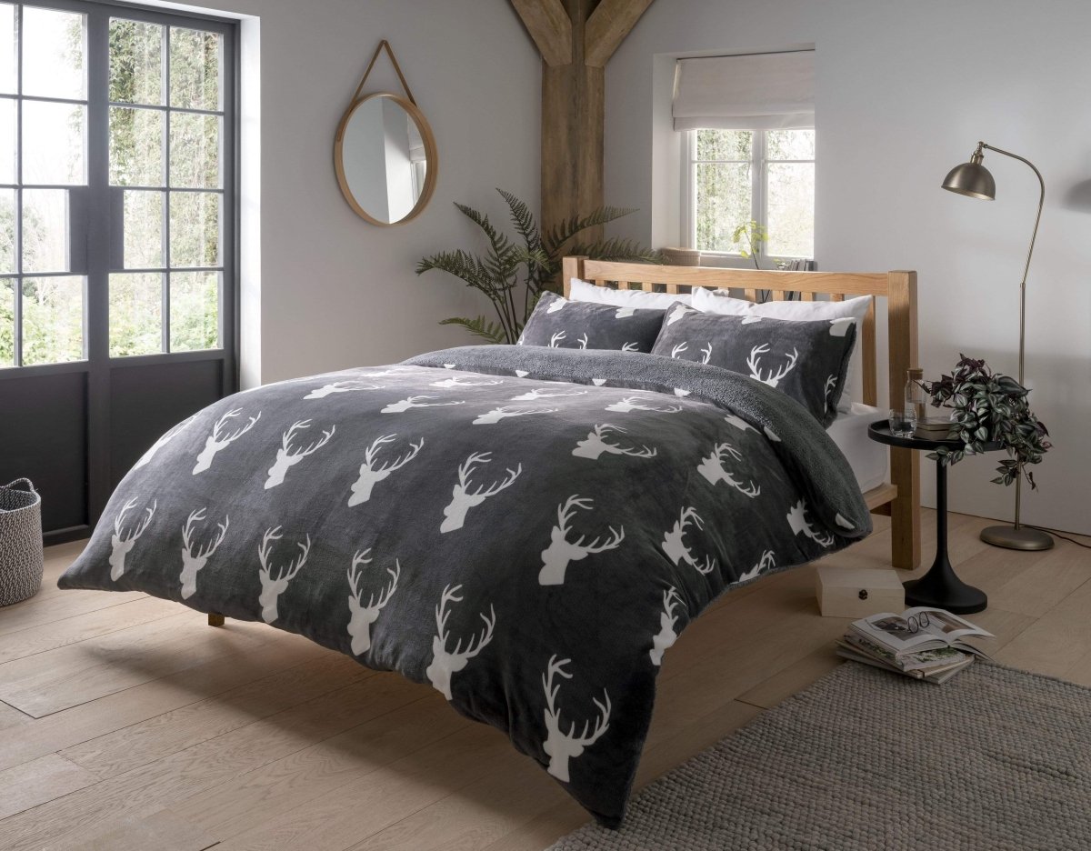 OLIVIA ROCCO Stag Teddy Reversible Duvet Set Charcoal Grey Faux Fur Ultra Soft OEKO - TEX - Joe’s Haven