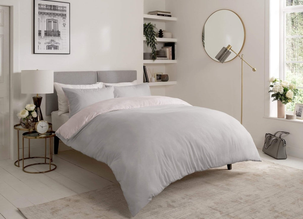 OLIVIA ROCCO Chambray Reversible Duvet Set Cotton Rich Bedding In Grey And Pink Sizes - Joe’s Haven
