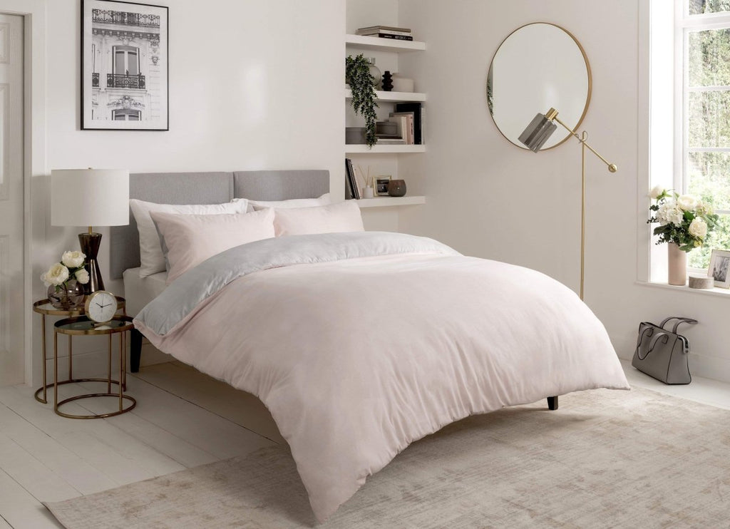 OLIVIA ROCCO Chambray Reversible Duvet Set Cotton Rich Bedding In Grey And Pink Sizes - Joe’s Haven