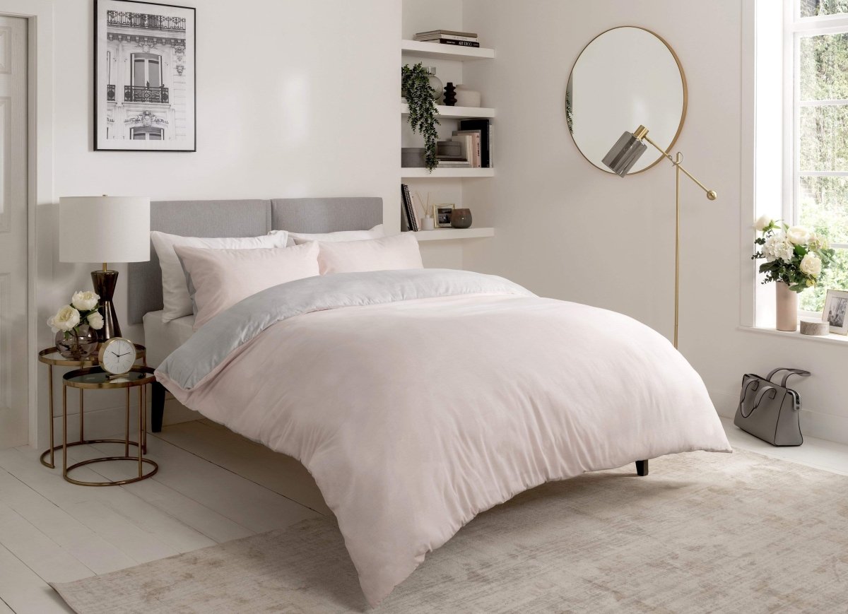 OLIVIA ROCCO Chambray Reversible Duvet Set Cotton Rich Bedding In Grey And Pink Sizes - Joe’s Haven