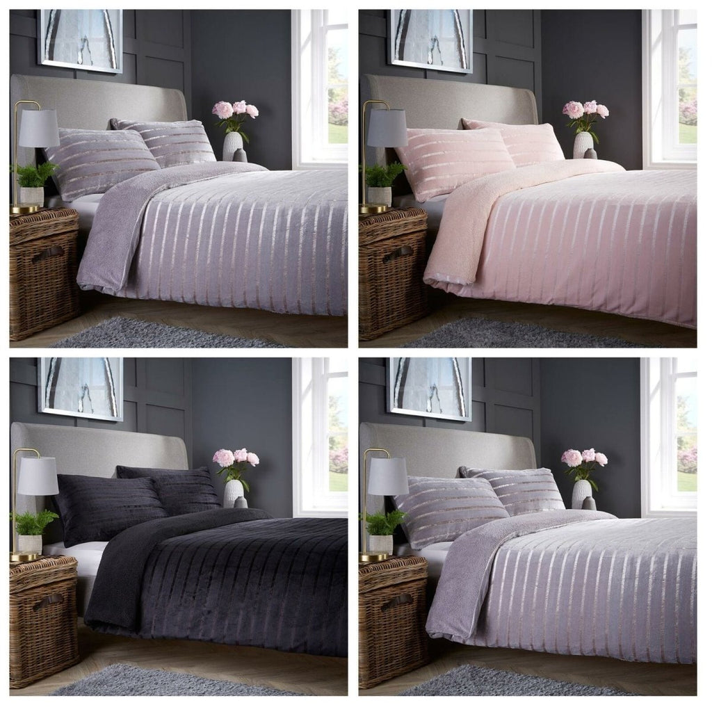 OLIVIA ROCCO Satin Stripe Reversible Faux Fur Teddy Duvet Cover Set Super Soft Easy Care - Joe’s Haven