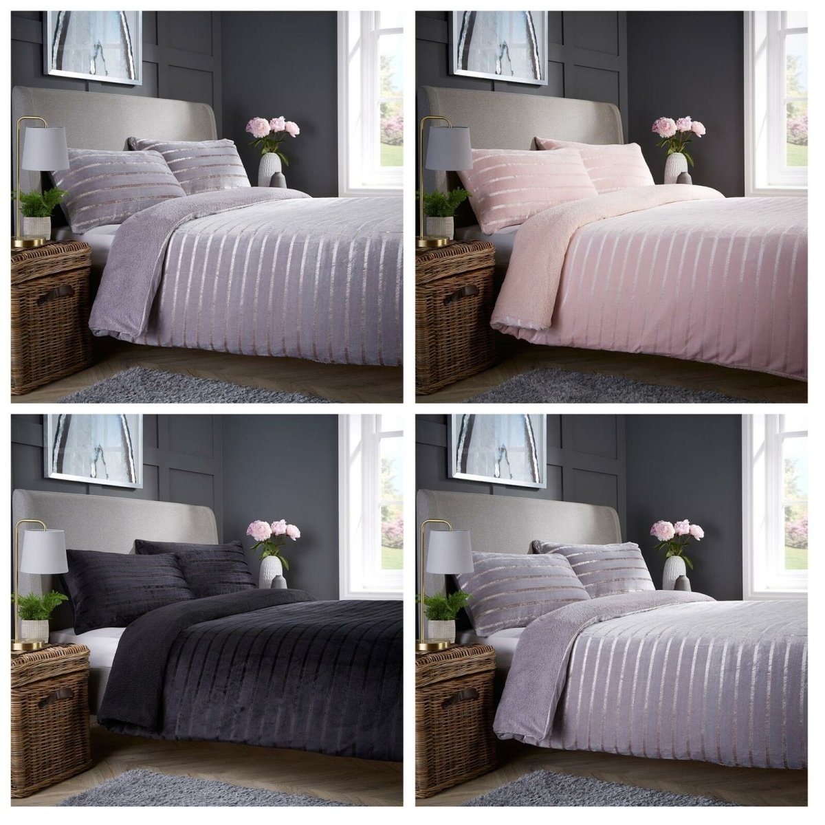 OLIVIA ROCCO Satin Stripe Reversible Faux Fur Teddy Duvet Cover Set Super Soft Easy Care - Joe’s Haven