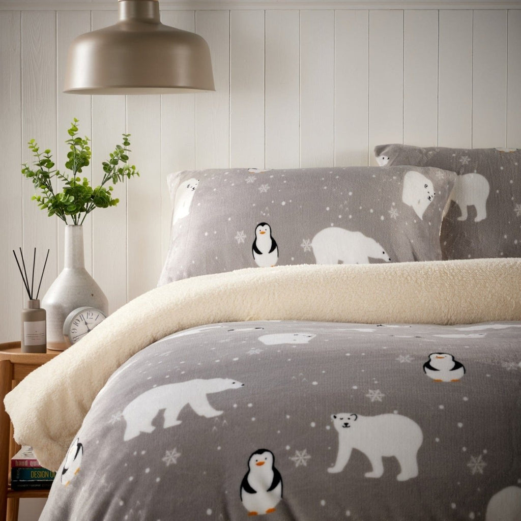 OLIVIA ROCCO Polar Bear And Penguin Teddy Fleece Duvet Set With Reversible Sherpa Fur - Joe’s Haven
