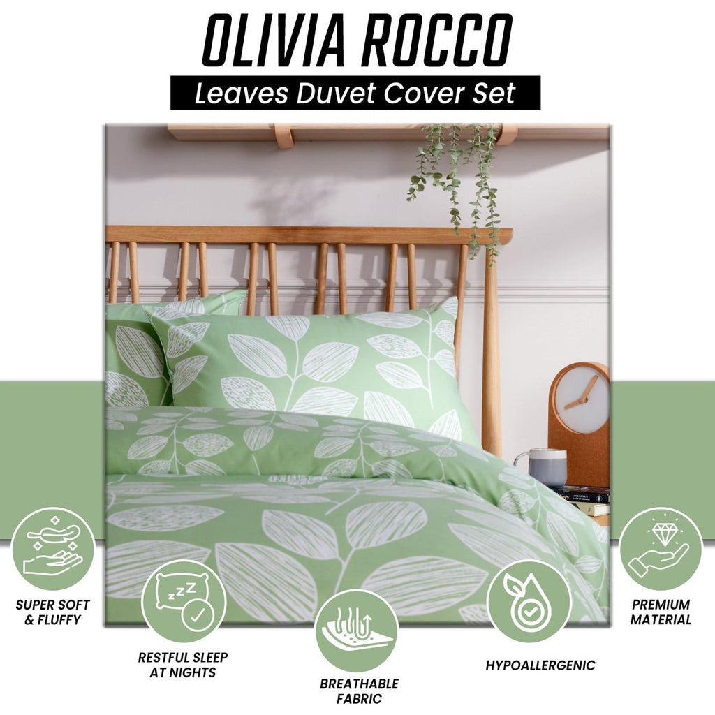 OLIVIA ROCCO Leaf Print Reversible Cotton Rich Duvet Cover Set With Pillowcases Black Bedroom Refresh Easy - Care Comfort - Joe’s Haven