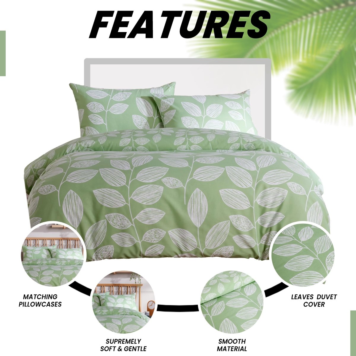 OLIVIA ROCCO Leaf Print Reversible Cotton Rich Duvet Cover Set With Pillowcases Black Bedroom Refresh Easy - Care Comfort - Joe’s Haven
