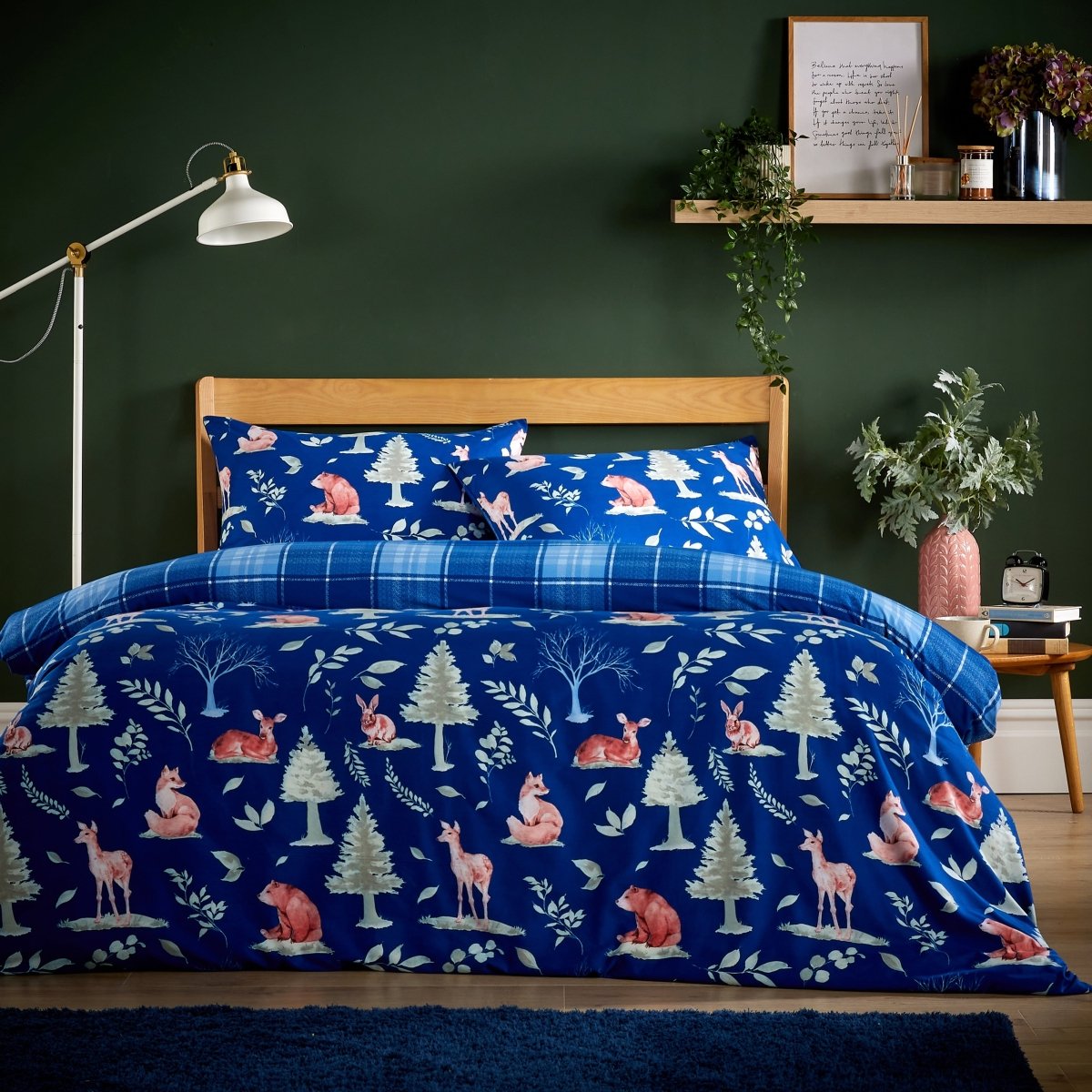 OLIVIA ROCCO Woodland Navy Super Soft Flannel Duvet Cover Set With Pillowcases Easy Care - Joe’s Haven