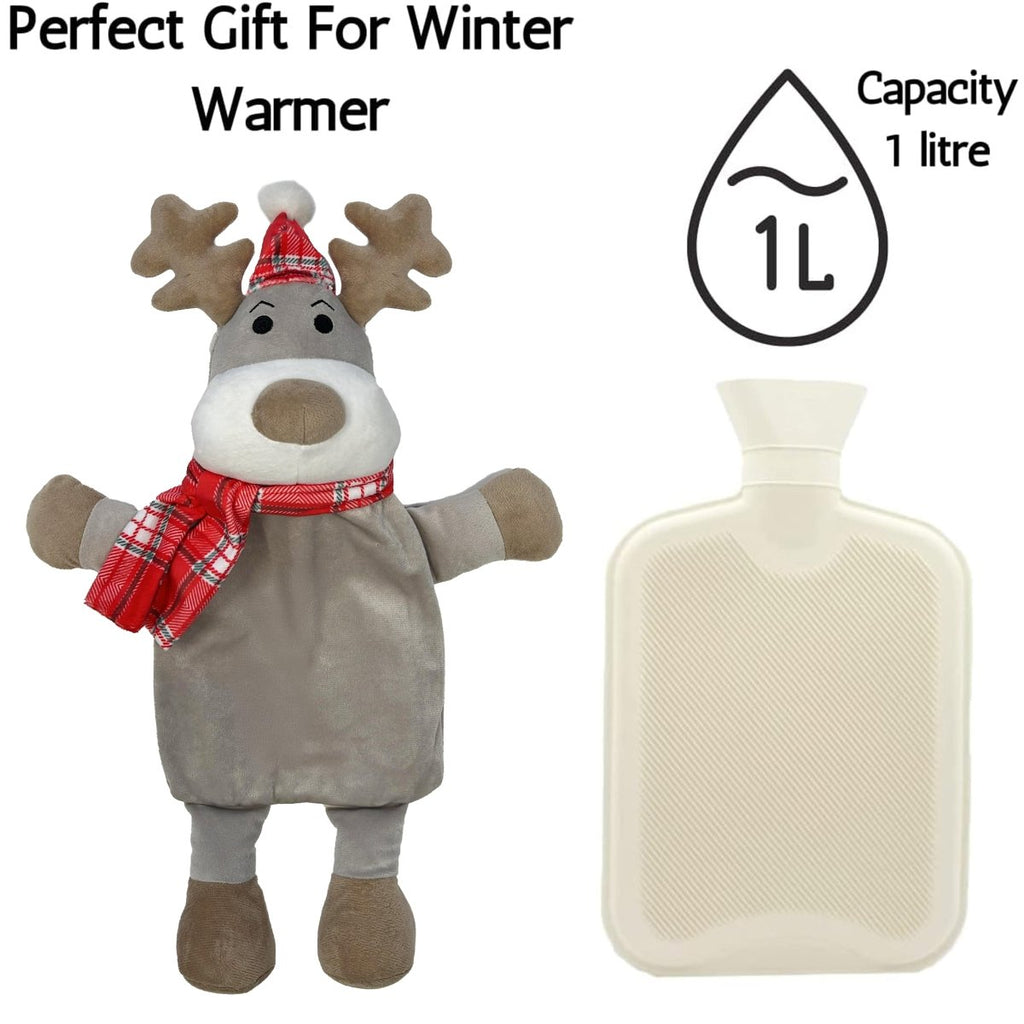 OLIVIA ROCCO Hot Water Bottle With Festive Reindeer Cover 1L Natural Rubber UK Safety - Joe’s Haven