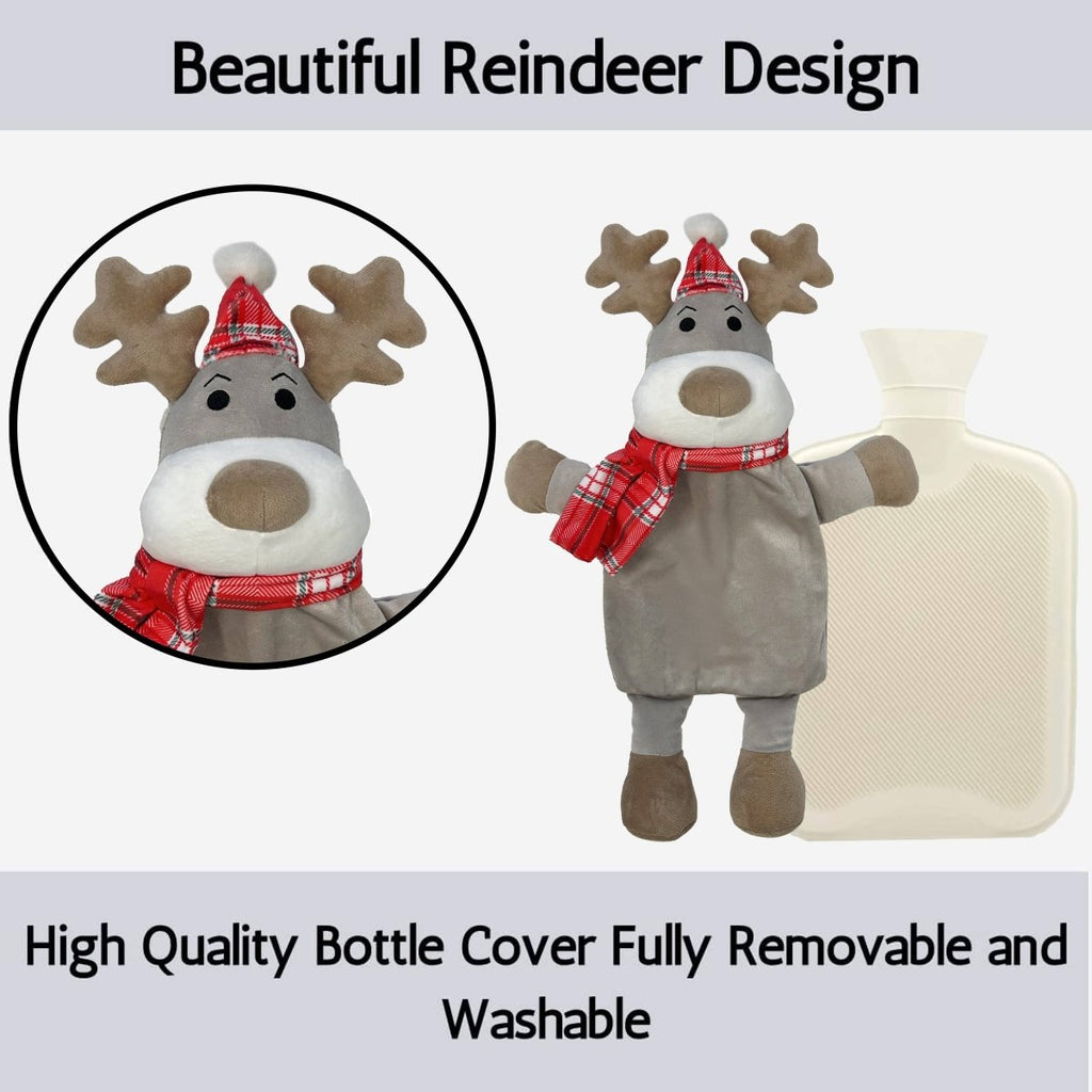 OLIVIA ROCCO Hot Water Bottle With Festive Reindeer Cover 1L Natural Rubber UK Safety - Joe’s Haven