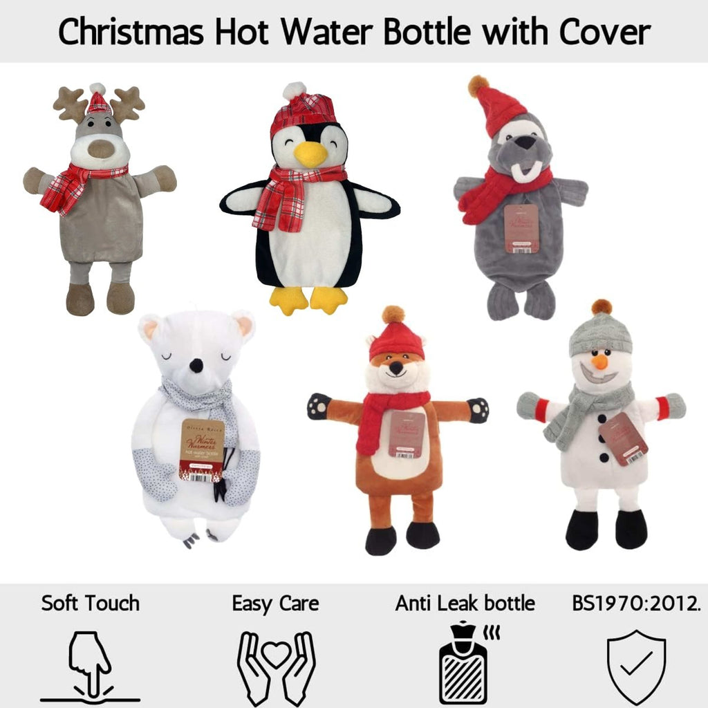 OLIVIA ROCCO Hot Water Bottle With Festive Reindeer Cover 1L Natural Rubber UK Safety - Joe’s Haven