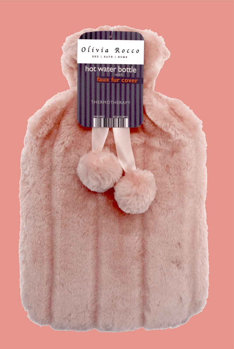 OLIVIA ROCCO Hot Water Bottle 2L With Faux Fur Pom Pom Cover Soft Plush Natural Rubber UK - Joe’s Haven