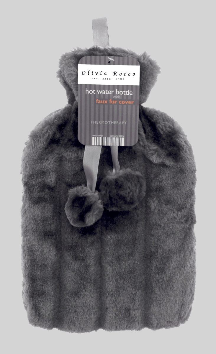 OLIVIA ROCCO Hot Water Bottle 2L With Faux Fur Pom Pom Cover Soft Plush Natural Rubber UK - Joe’s Haven