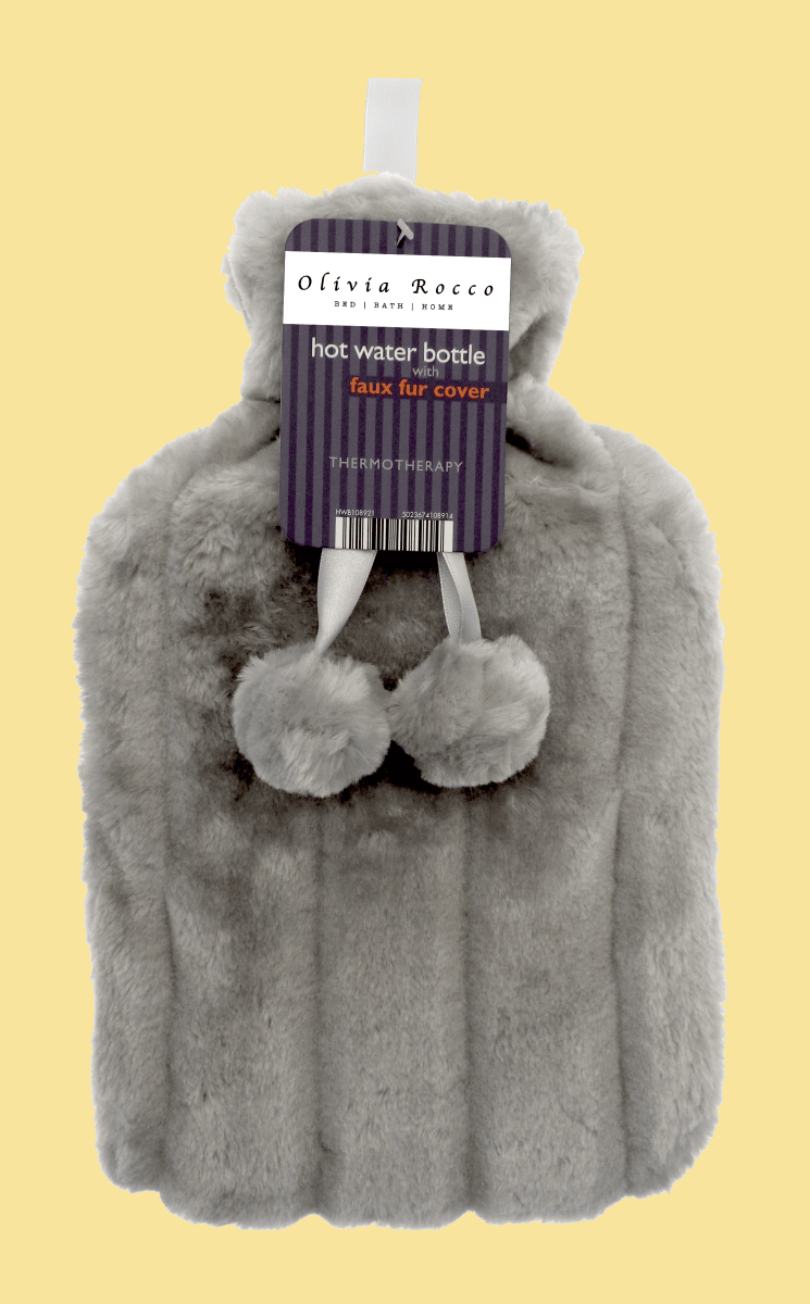 OLIVIA ROCCO Hot Water Bottle 2L With Faux Fur Pom Pom Cover Soft Plush Natural Rubber UK - Joe’s Haven
