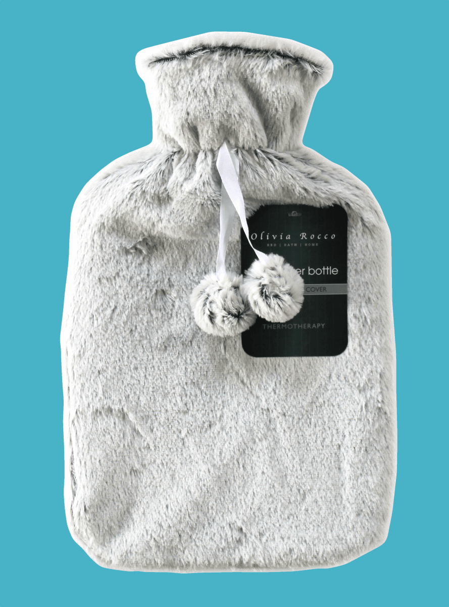 OLIVIA ROCCO Hot Water Bottle 2L With Faux Fur Pom Pom Cover Soft Plush Natural Rubber UK - Joe’s Haven