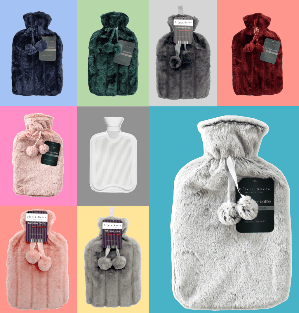 OLIVIA ROCCO Hot Water Bottle 2L With Faux Fur Pom Pom Cover Soft Plush Natural Rubber UK - Joe’s Haven