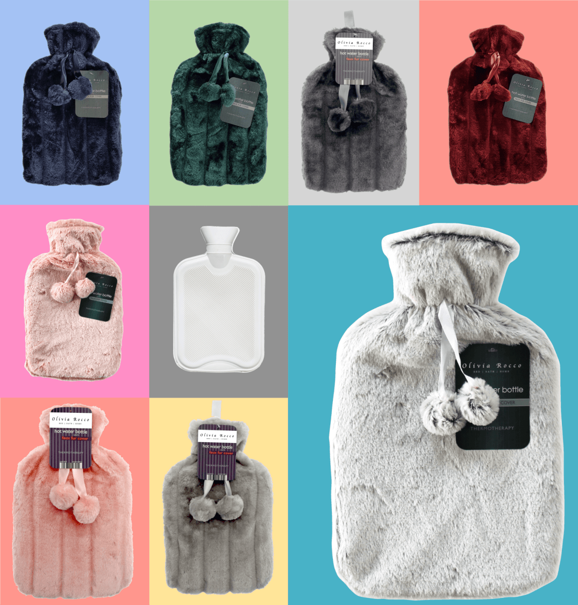 OLIVIA ROCCO Hot Water Bottle 2L With Faux Fur Pom Pom Cover Soft Plush Natural Rubber UK - Joe’s Haven