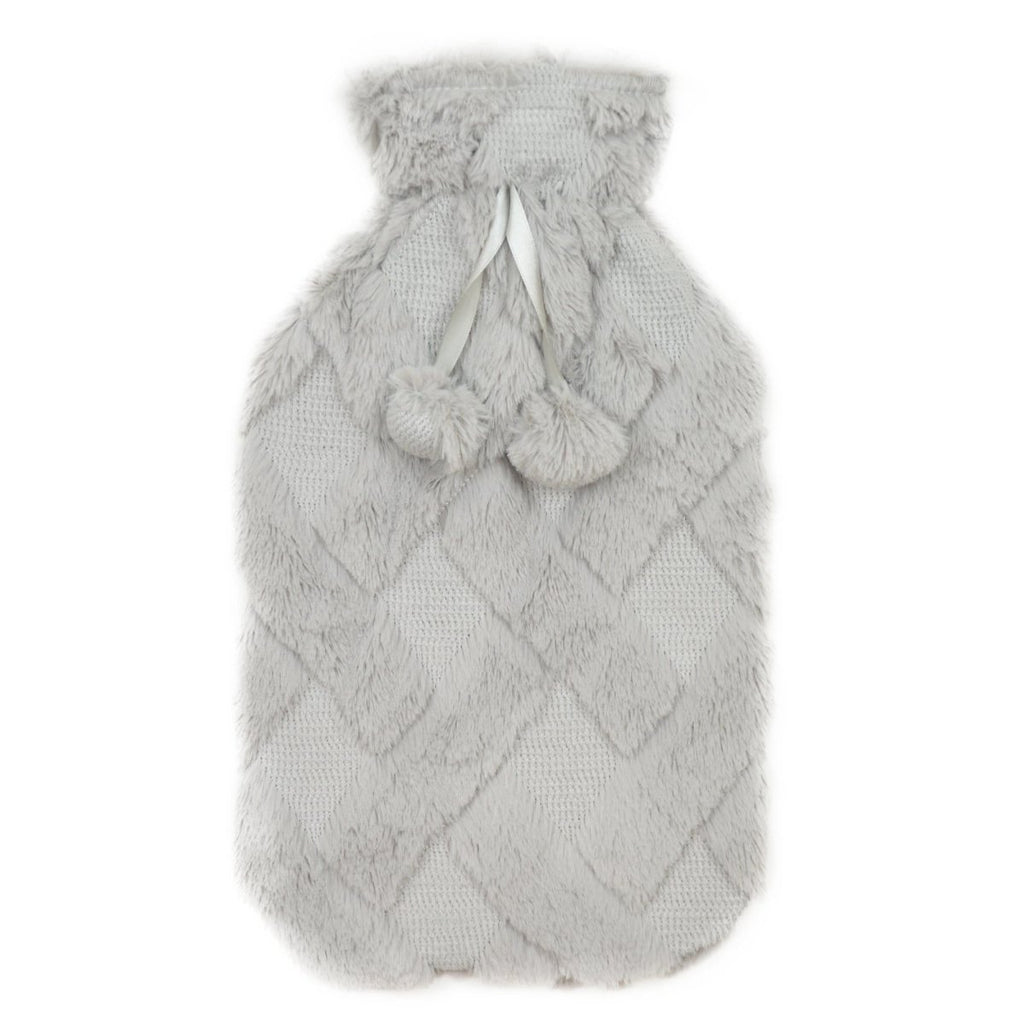 OLIVIA ROCCO Diamond Fleece Plush Hot Water Bottle 2L With Pom Poms Natural Rubber UK - Joe’s Haven