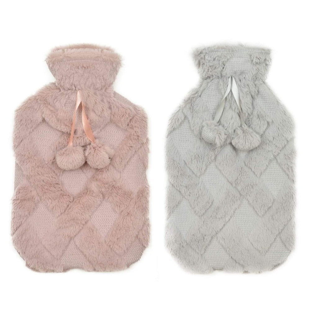 OLIVIA ROCCO Diamond Fleece Plush Hot Water Bottle 2L With Pom Poms Natural Rubber UK - Joe’s Haven