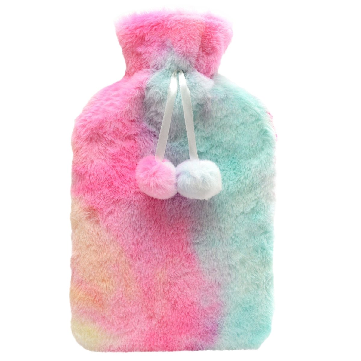 OLIVIA ROCCO Rainbow Tie Dye Faux Fur Hot Water Bottle 2L With Pom Poms Teddy Plush Cover - Joe’s Haven