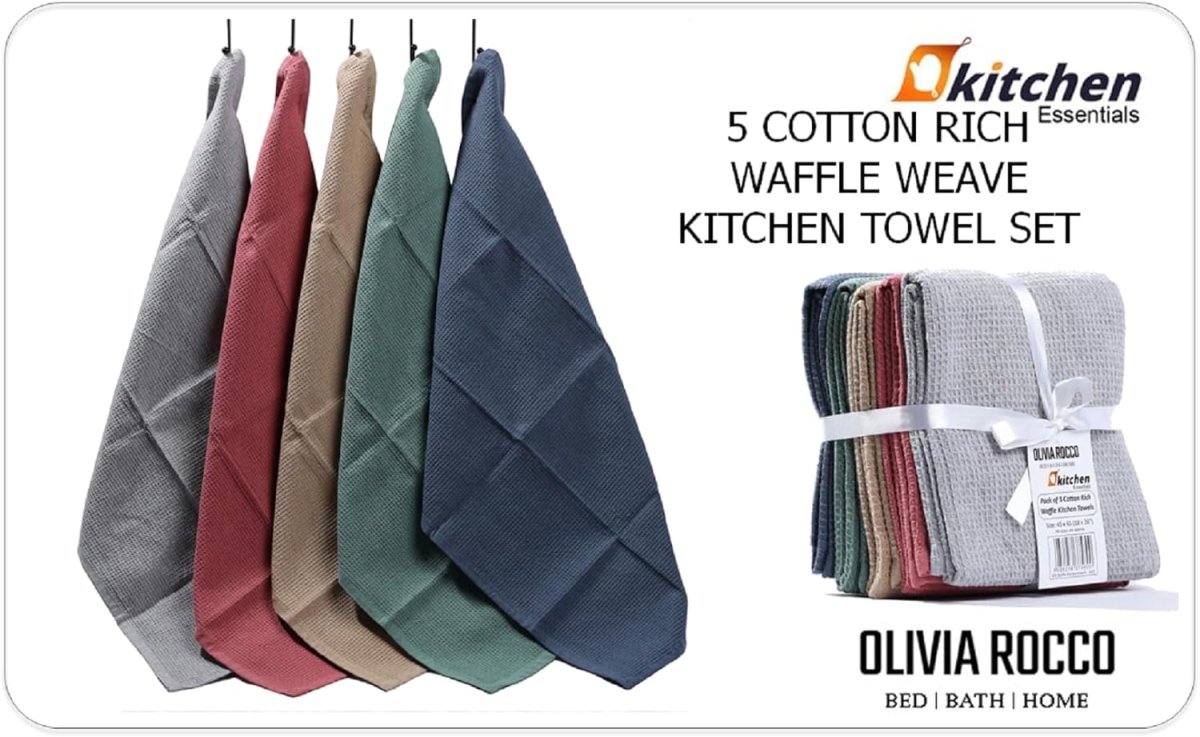 OLIVIA ROCCO 5 Pack Ultra Absorbent Waffle Kitchen Tea Towels Soft Cotton Assorted - Joe’s Haven