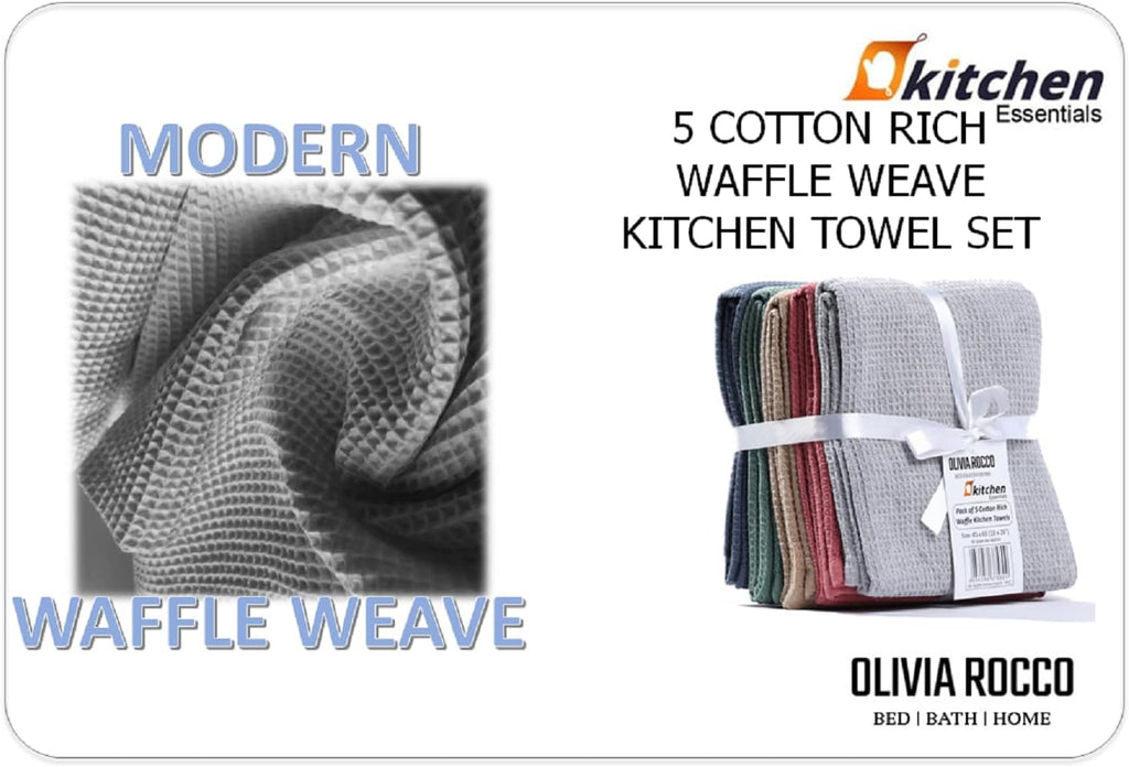 OLIVIA ROCCO 5 Pack Ultra Absorbent Waffle Kitchen Tea Towels Soft Cotton Assorted - Joe’s Haven