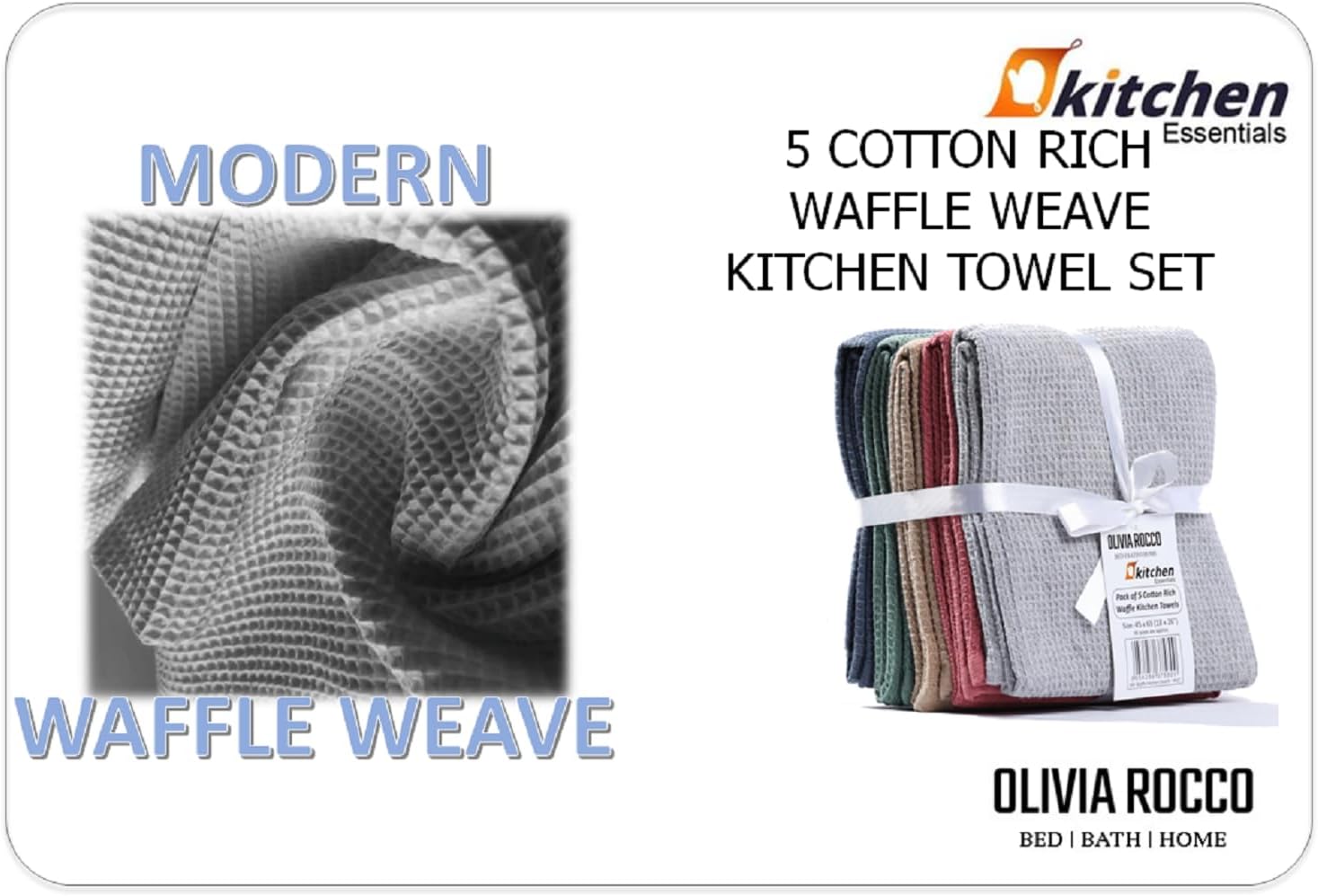 OLIVIA ROCCO 5 Pack Ultra Absorbent Waffle Kitchen Tea Towels Soft Cotton Assorted - Joe’s Haven