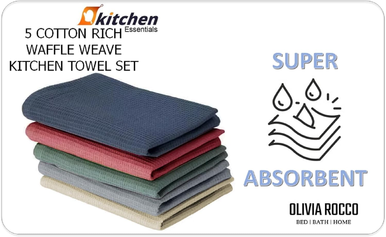 OLIVIA ROCCO 5 Pack Ultra Absorbent Waffle Kitchen Tea Towels Soft Cotton Assorted - Joe’s Haven