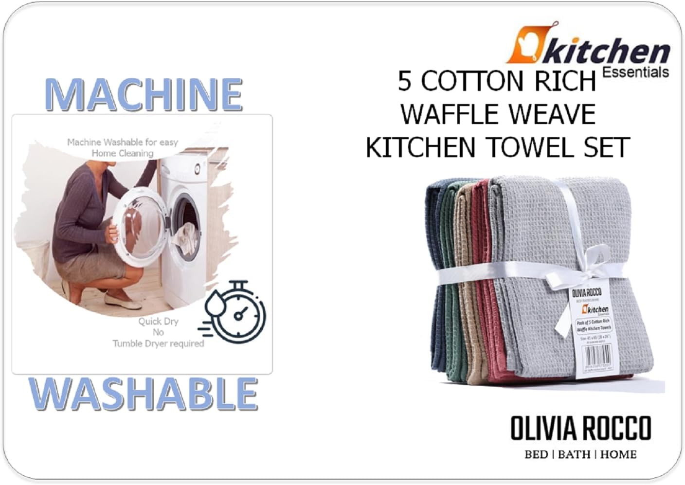 OLIVIA ROCCO 5 Pack Ultra Absorbent Waffle Kitchen Tea Towels Soft Cotton Assorted - Joe’s Haven