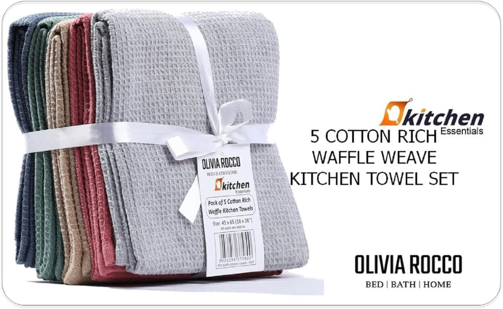 OLIVIA ROCCO 5 Pack Ultra Absorbent Waffle Kitchen Tea Towels Soft Cotton Assorted - Joe’s Haven