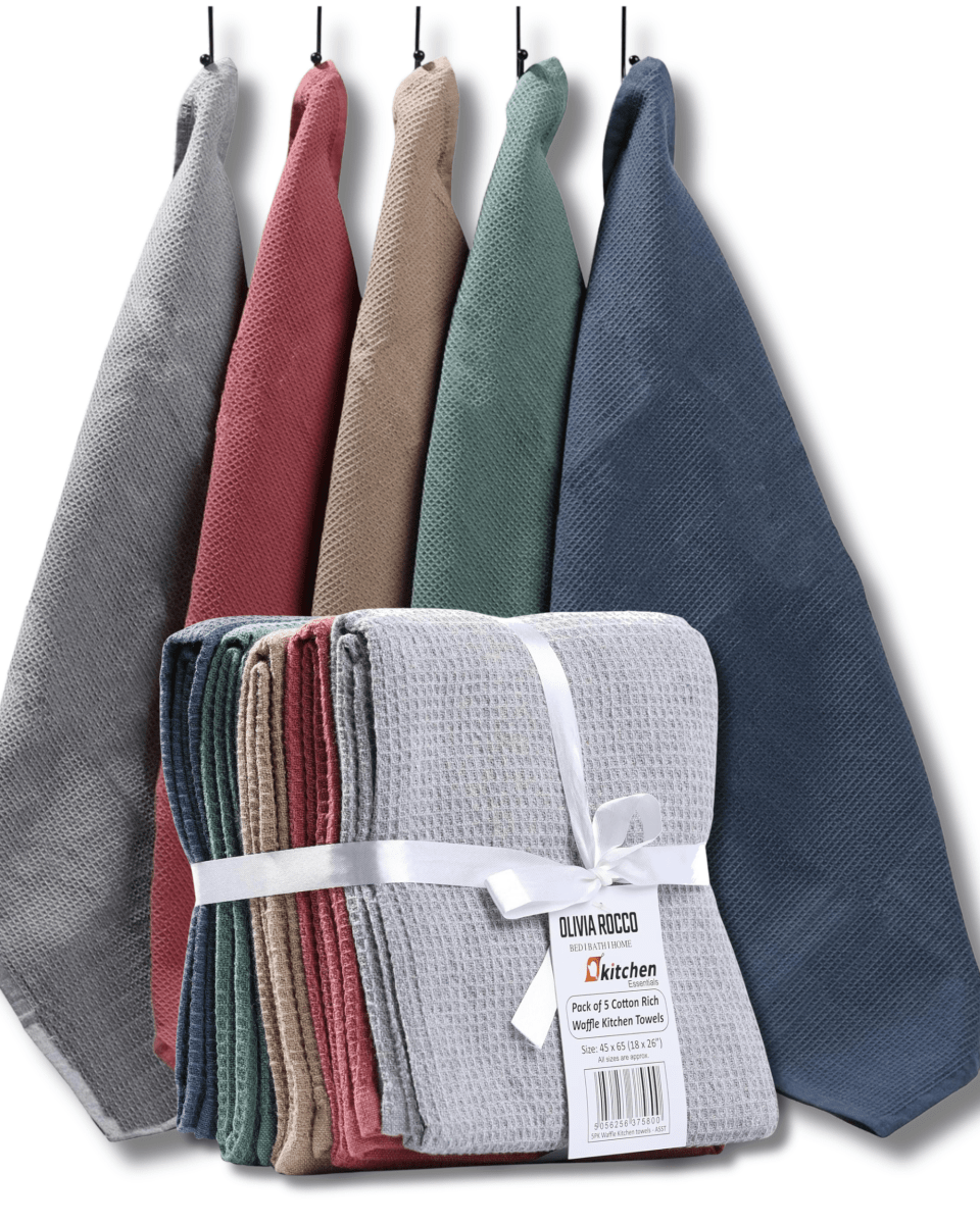 OLIVIA ROCCO 5 Pack Ultra Absorbent Waffle Kitchen Tea Towels Soft Cotton Assorted - Joe’s Haven