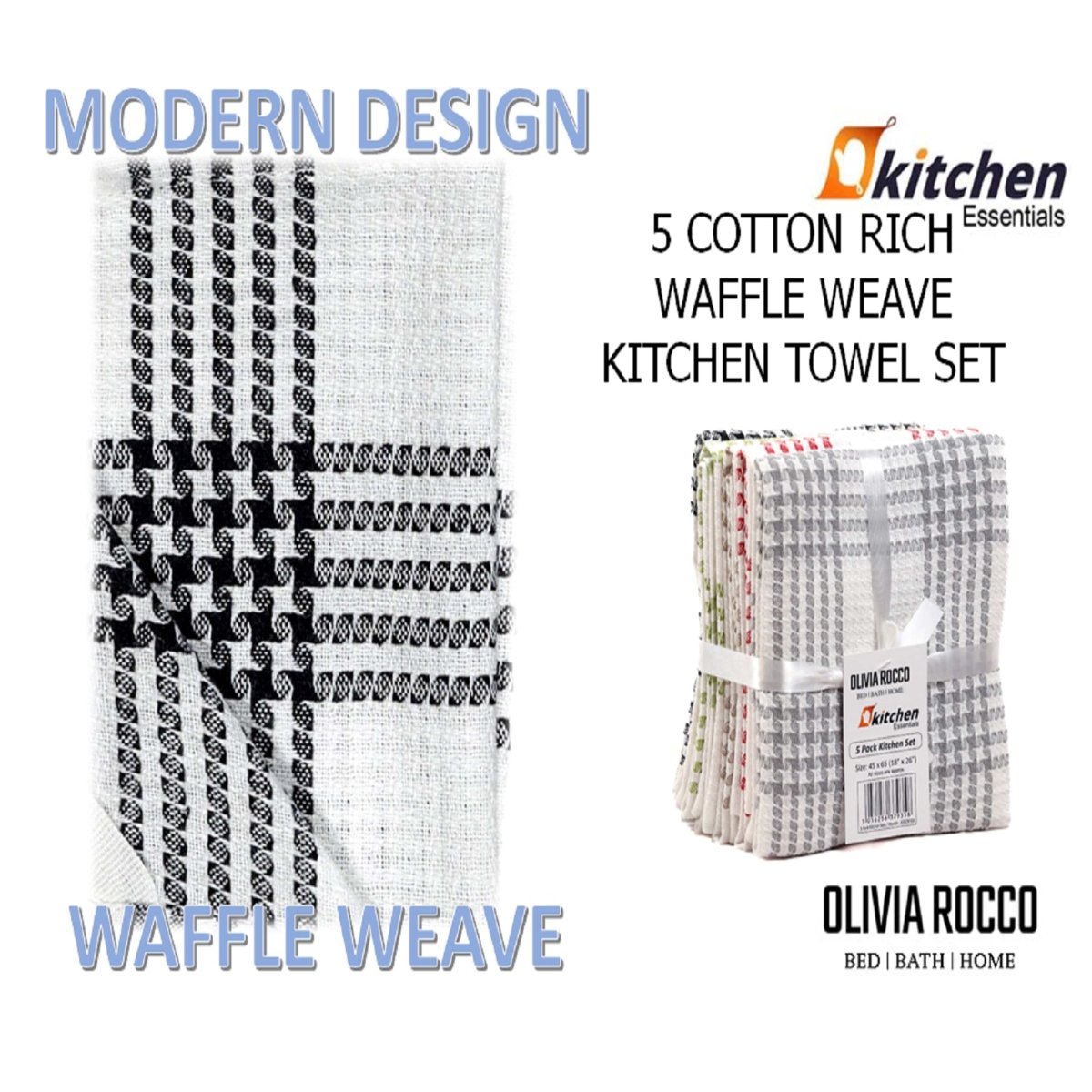 OLIVIA ROCCO Pack of 5 Houndstooth Cotton Tea Towels 45cm X 65cm Super Absorbent Quick - Joe’s Haven