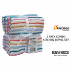 OLIVIA ROCCO 5 Pack Cotton Kitchen Tea Towels Striped Ribbed Waffle 45cm x 65cm Quick Dry - Joe’s Haven