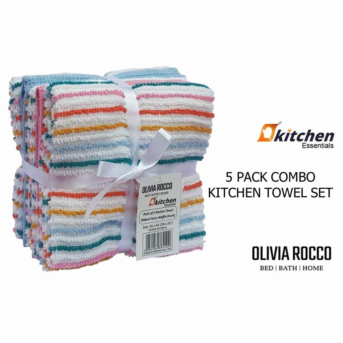 OLIVIA ROCCO 5 Pack Cotton Kitchen Tea Towels Striped Ribbed Waffle 45cm x 65cm Quick Dry - Joe’s Haven