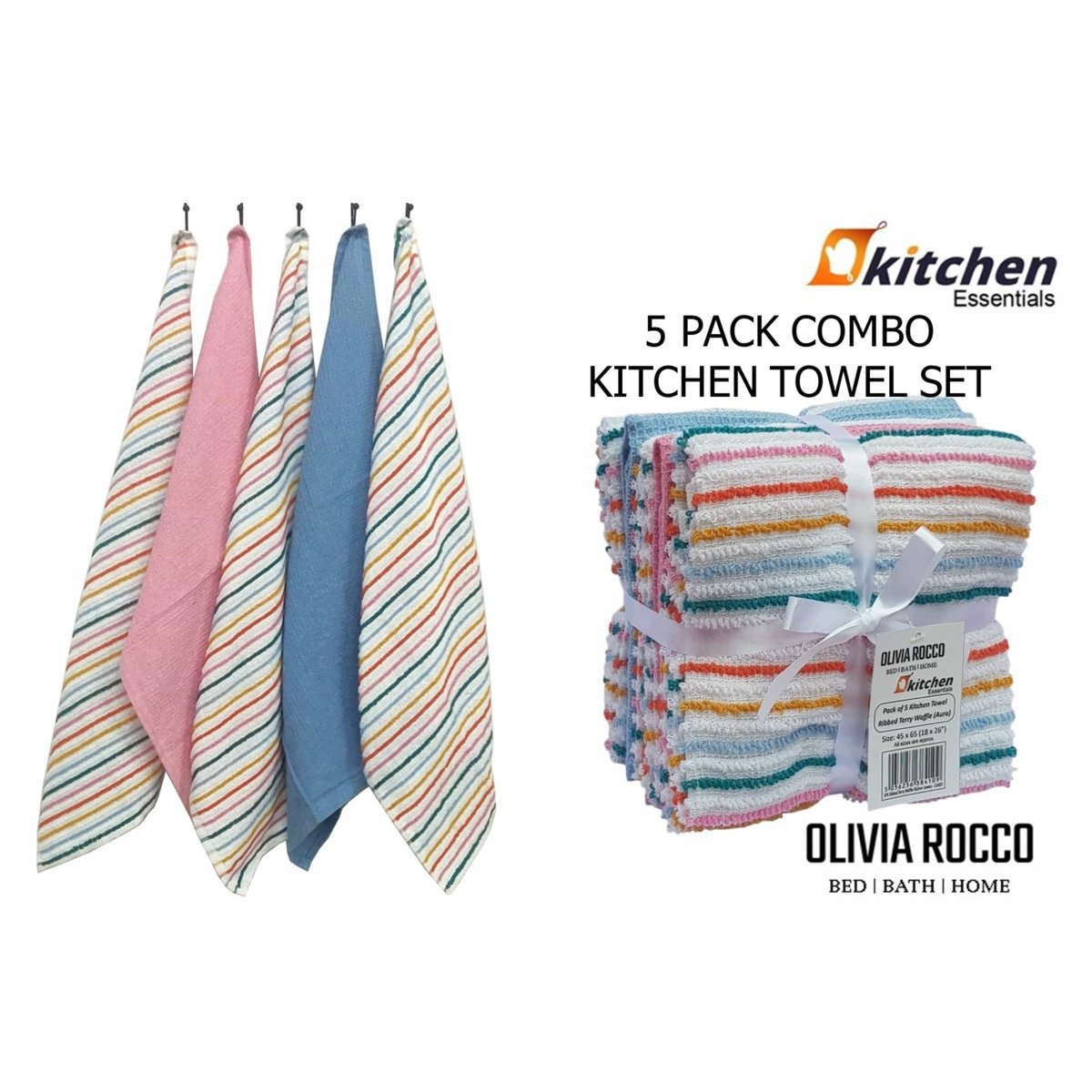 OLIVIA ROCCO 5 Pack Cotton Kitchen Tea Towels Striped Ribbed Waffle 45cm x 65cm Quick Dry - Joe’s Haven