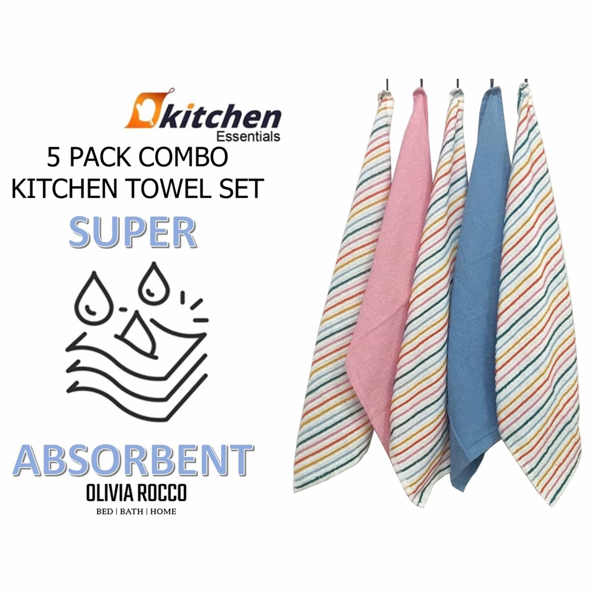 OLIVIA ROCCO 5 Pack Cotton Kitchen Tea Towels Striped Ribbed Waffle 45cm x 65cm Quick Dry - Joe’s Haven