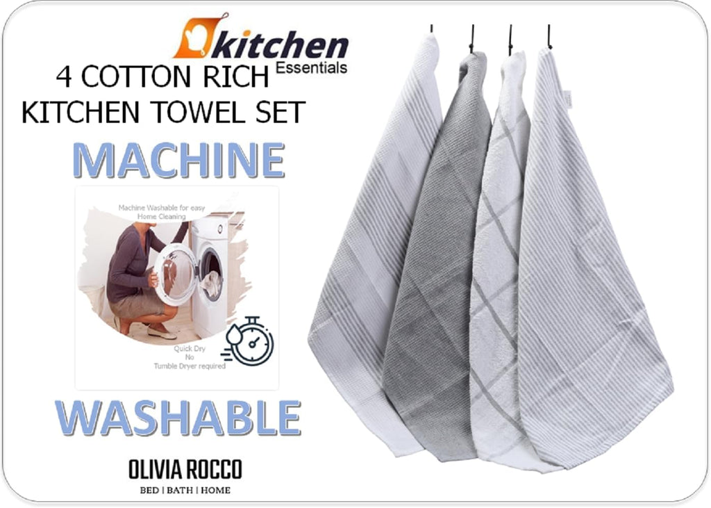 OLIVIA ROCCO Pack Of 4 Green Cotton Tea Towels 65x45 Cm High Absorbency Durable Super Soft Easy - Care Home Essential - Joe’s Haven