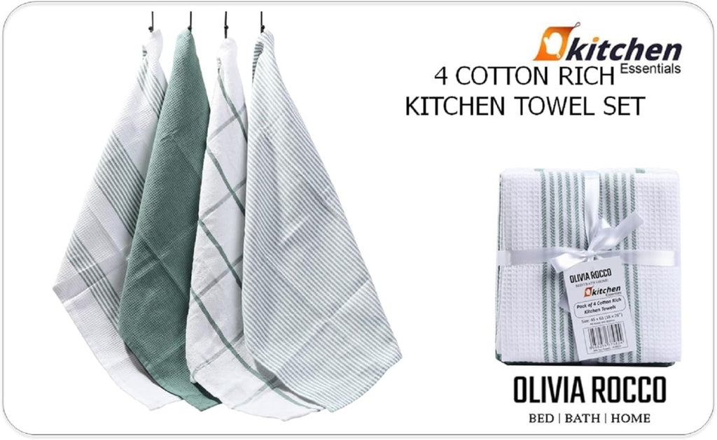 OLIVIA ROCCO Pack Of 4 Green Cotton Tea Towels 65x45 Cm High Absorbency Durable Super Soft Easy - Care Home Essential - Joe’s Haven