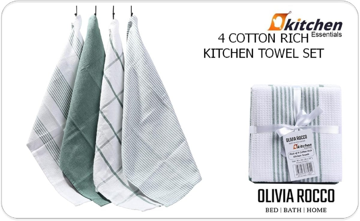 OLIVIA ROCCO Pack Of 4 Green Cotton Tea Towels 65x45 Cm High Absorbency Durable Super Soft Easy - Care Home Essential - Joe’s Haven