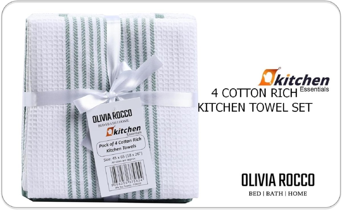 OLIVIA ROCCO Pack Of 4 Green Cotton Tea Towels 65x45 Cm High Absorbency Durable Super Soft Easy - Care Home Essential - Joe’s Haven