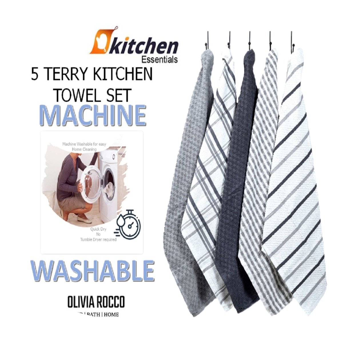 OLIVIA ROCCO 5 Pack Cotton Terry Kitchen Towels 45x65cm Super Absorbent Quick Drying - Joe’s Haven