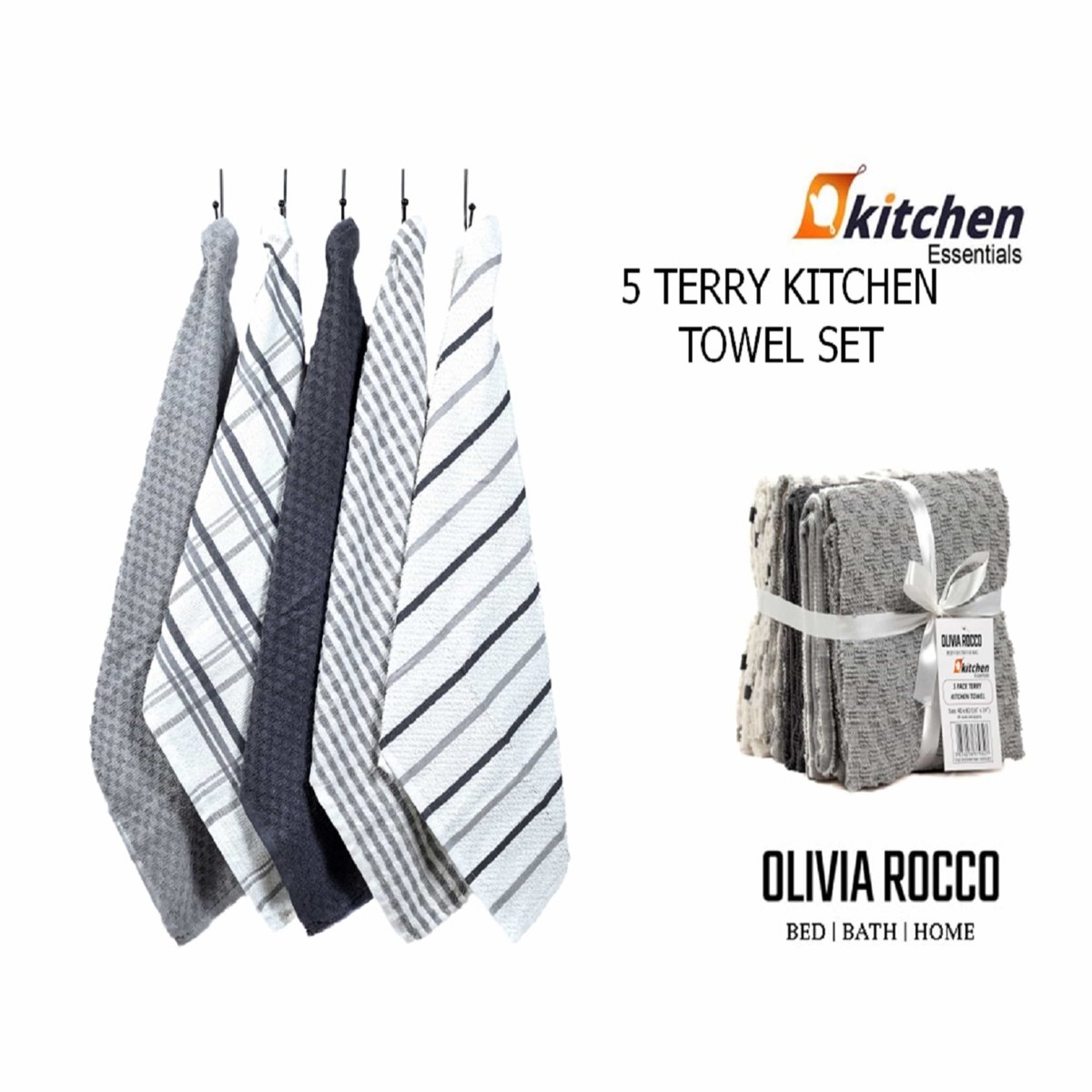 OLIVIA ROCCO 5 Pack Cotton Terry Kitchen Towels 45x65cm Super Absorbent Quick Drying - Joe’s Haven