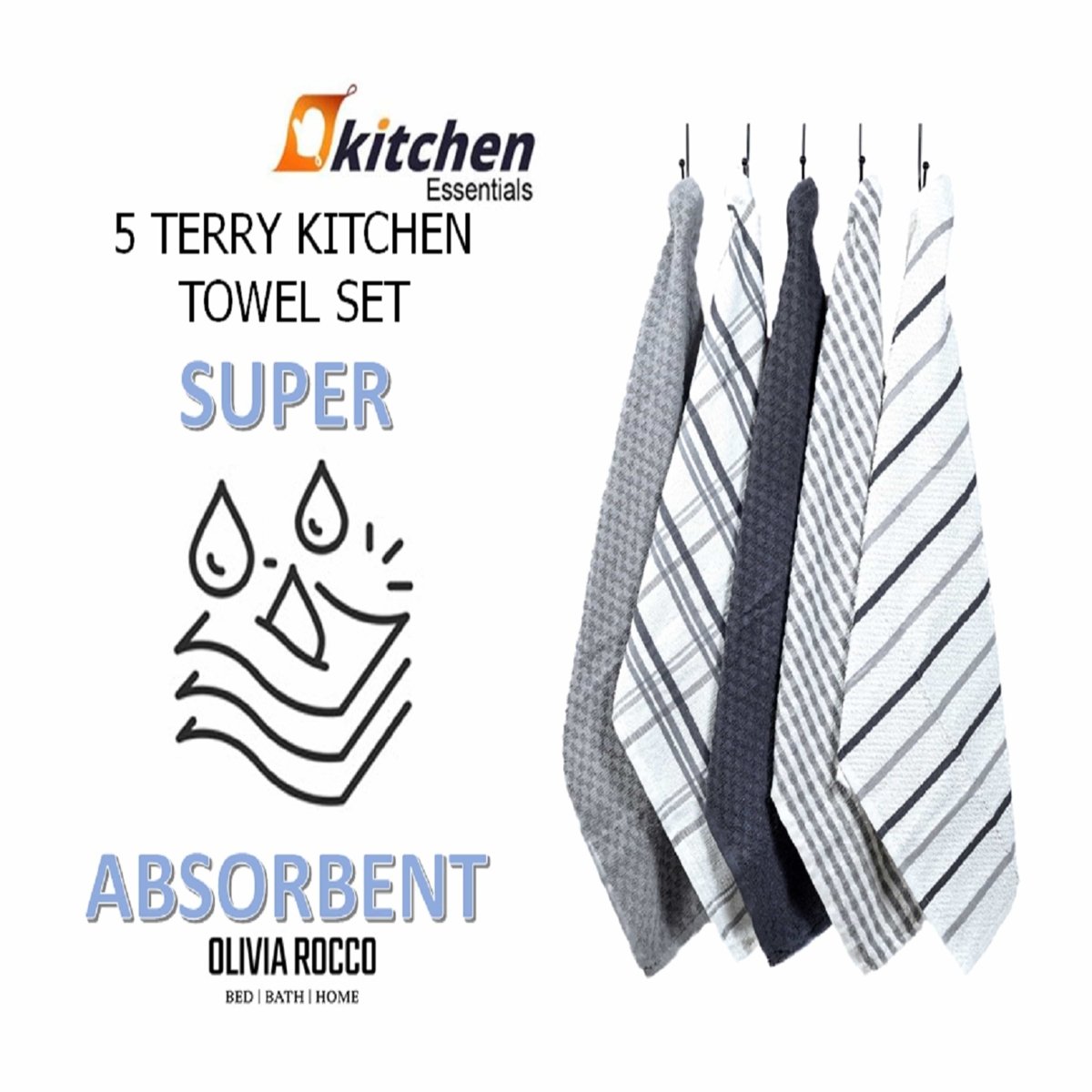 OLIVIA ROCCO 5 Pack Cotton Terry Kitchen Towels 45x65cm Super Absorbent Quick Drying - Joe’s Haven