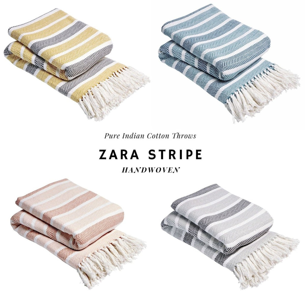 OLIVIA ROCCO Zara Striped Handwoven Pure Cotton Throw Blanket With Tassels Eco Friendly - Joe’s Haven