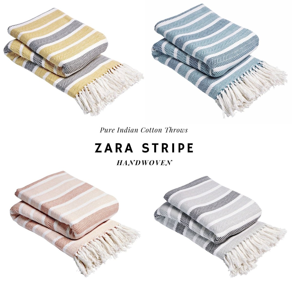 OLIVIA ROCCO Zara Striped Handwoven Pure Cotton Throw Blanket With Tassels Eco Friendly - Joe’s Haven